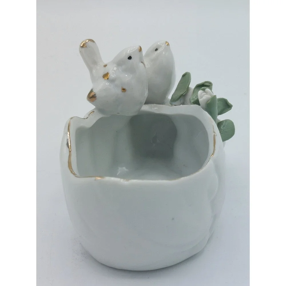 Vtg Porcelain Trinket Dish Planter Dove Birds Raised Flowers White Gold Trim